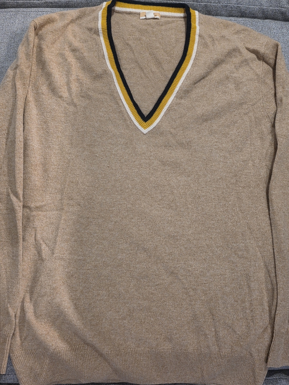 J. Crew Women's Tan V-Neck Sweater with Black, White & Yellow Trim